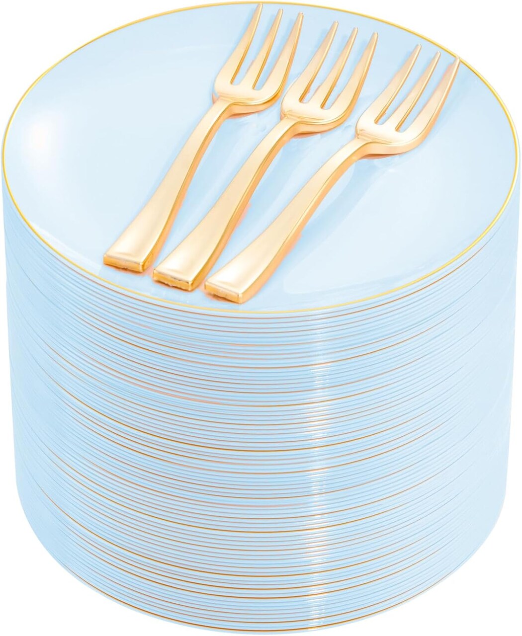 200Pcs Blue Gold Cake Plates with Plastic Forks - Serves 100 Guests